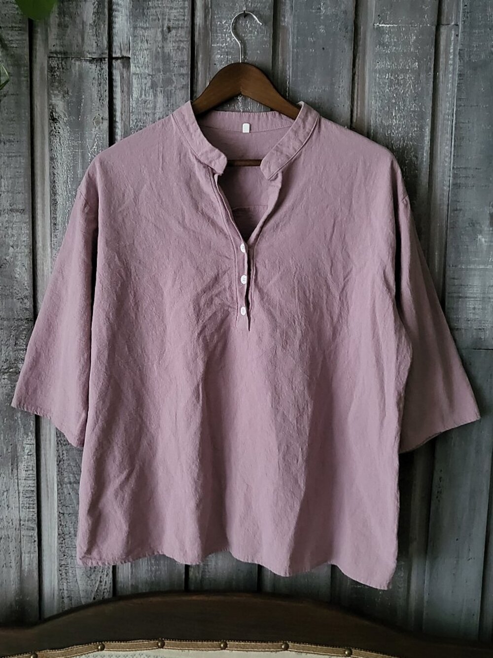 Boho Mauve Pink Mandarin Collar Henley Tunic Blouse Size 2XL